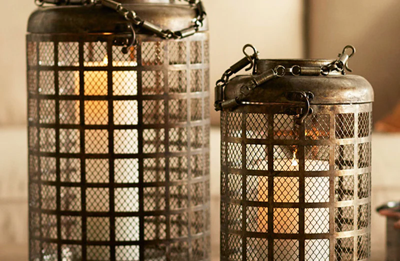Industrial Mesh Screen Caged Lantern  Set of 2