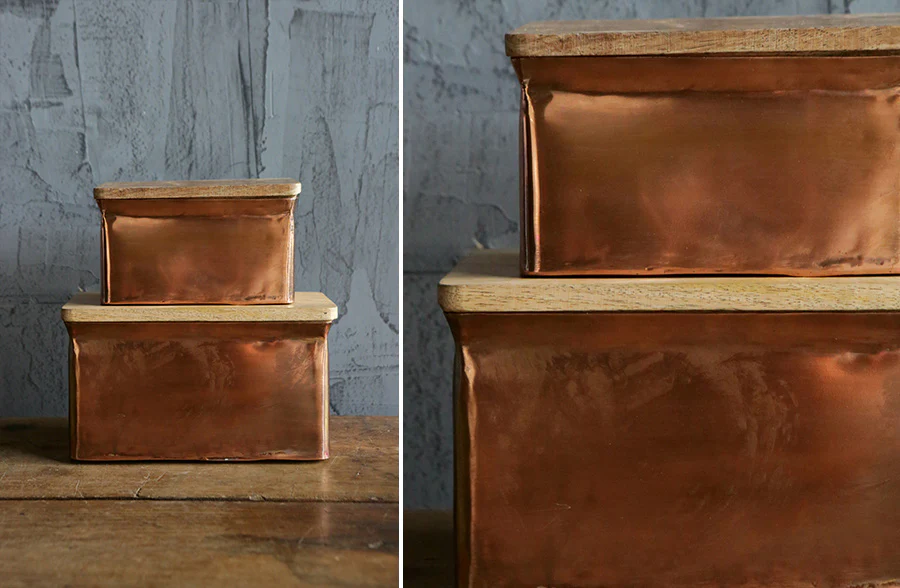 Copper Finish Storage Boxes wit Wooden Lids, Set of 2
