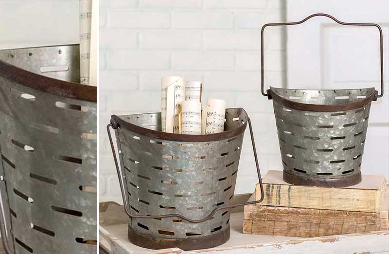 Distressed Metal Olive Buckets  Set of 2