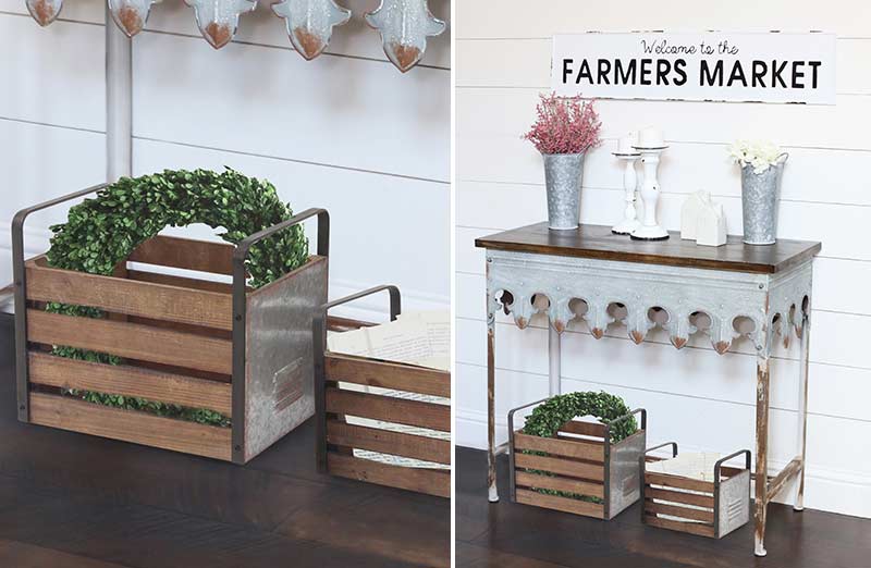 Slatted Wood and Metal Industrial Crates  Set of 2