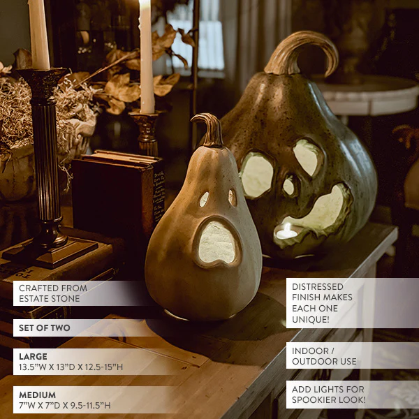 Estate Stone Gourd Jack-o-Lanterns, Set of Two