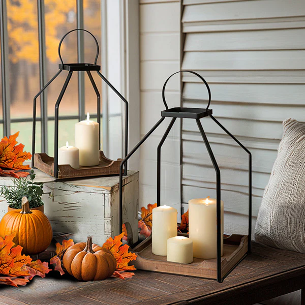 Metal and Wood Lanterns, Set of Two