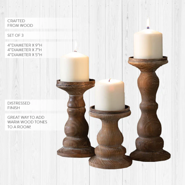 Natural Wooden Pillar Candle Holders, Set of 3