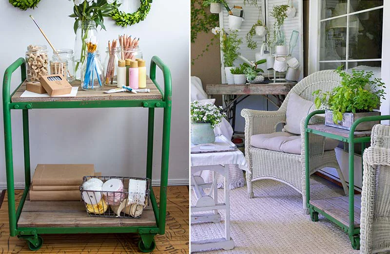 Distressed Wood and Metal Rolling Cart