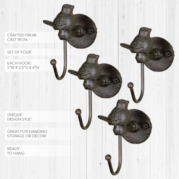 Cast Iron Underbrush Bird Wall Hooks, Set of 4