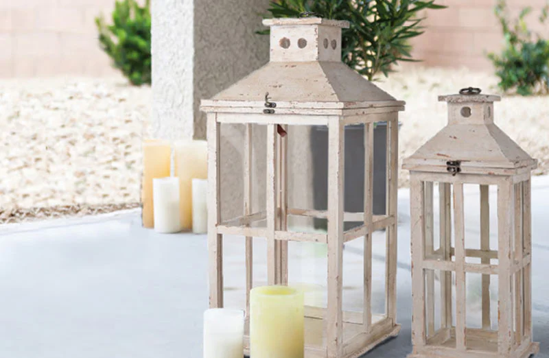 Chippy Whitewash Floor Lanterns  Set of 2