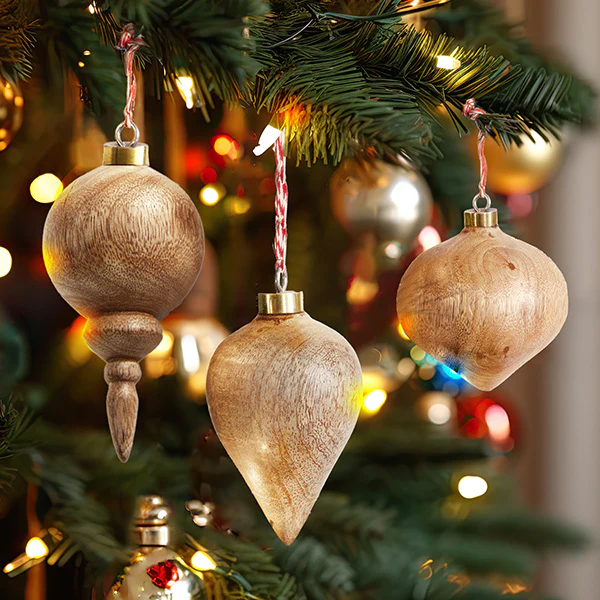 Turned Wood Christmas Ornaments, Set of 3