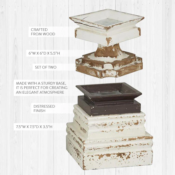 White Chippy Wood Vintage-Inspired Candle Holders, Set of 2