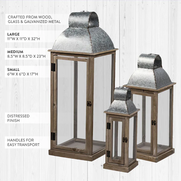 Galvanized Metal and Natural Fir Wood Lanterns, Set of 3