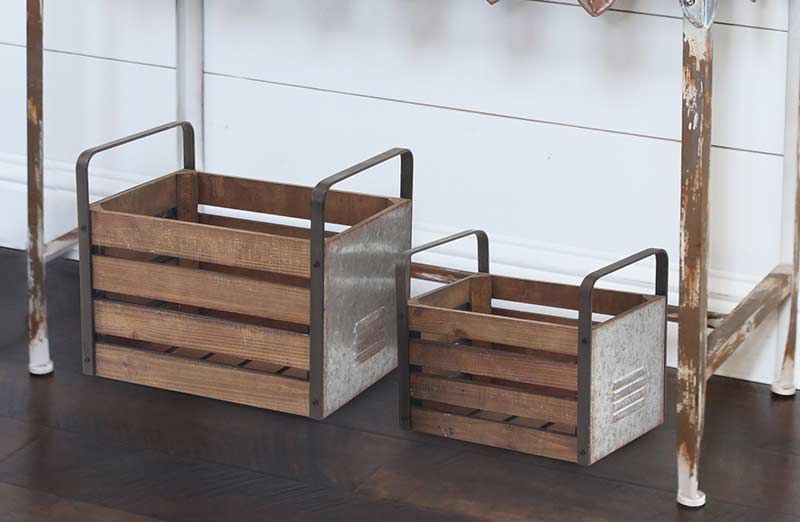 Slatted Wood and Metal Industrial Crates  Set of 2