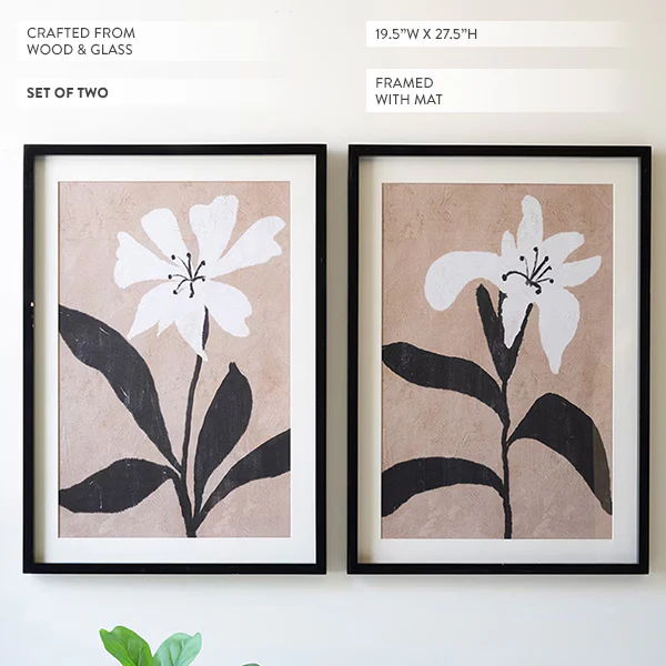 Framed Stylized White Lily Wall Art, Set of Two