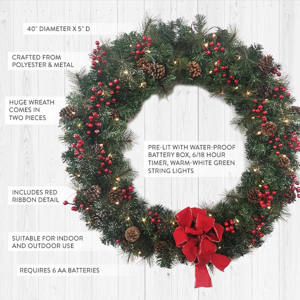 GIGANTIC 40 Inch Pre-Lit Double Door Split Wreath