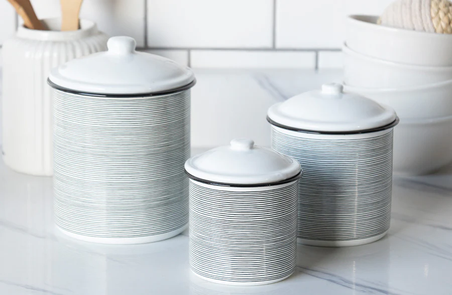 Black and White Striped Enamelware Canisters, Set of 3