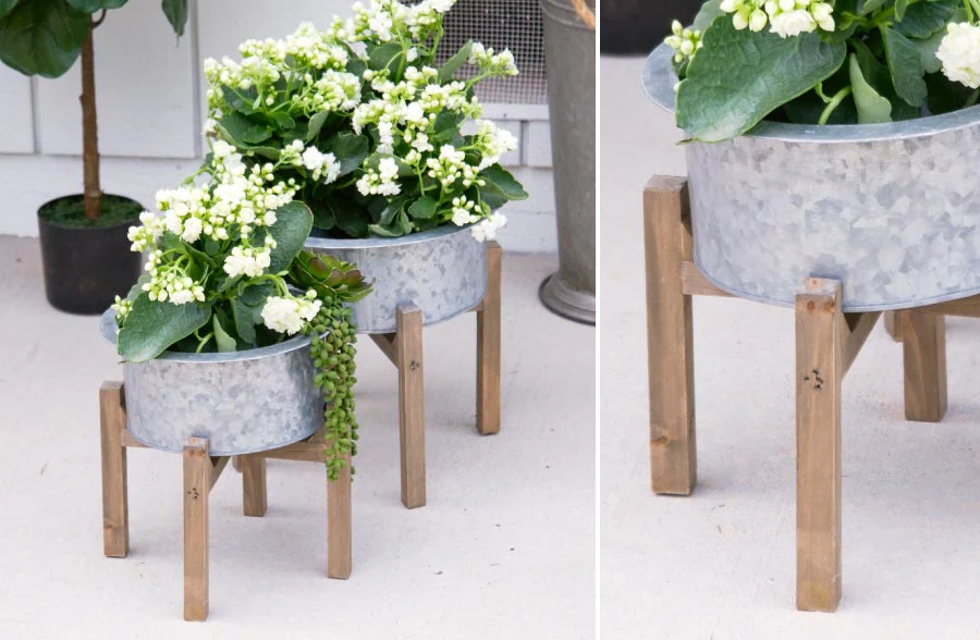 Galvanized Planters on Wooden Stand, Set of 2