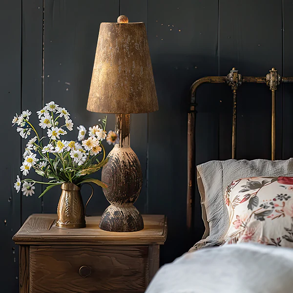 Distressed Wooden Lamp with Copper Shade