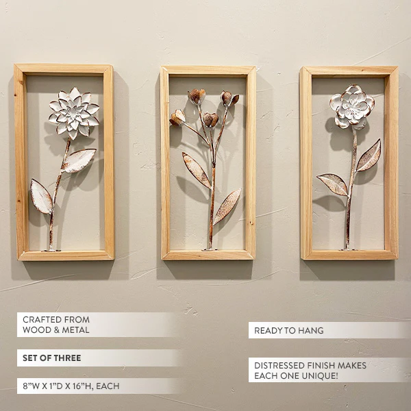 Wood Framed 3D Floral Metal Wall Art, Set of 3