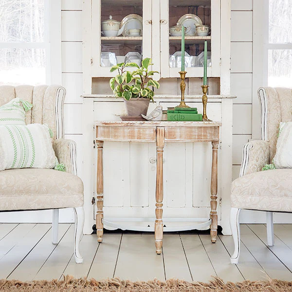 Whitewashed Wooden Half Moon Table with Metal Accents