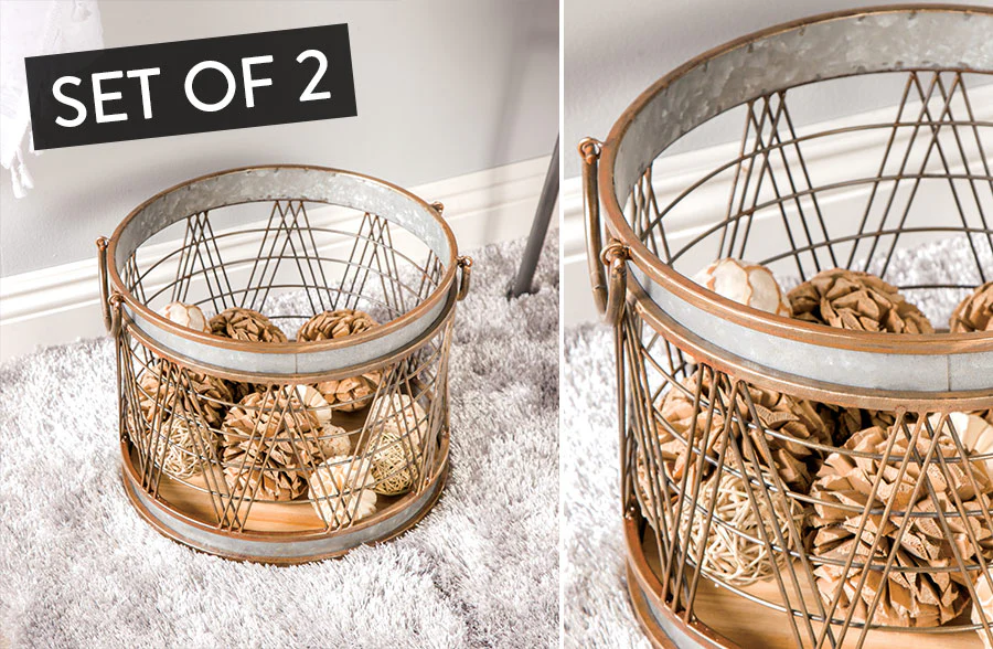 Galvanized Metal and Wood Barrel Planters, Set of 2