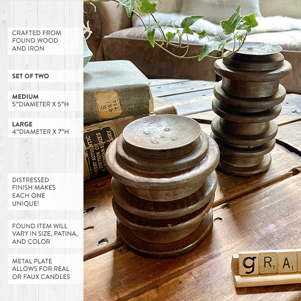 FOUND Repurposed Yarn Spool Antique Candle Holders, Set of 2