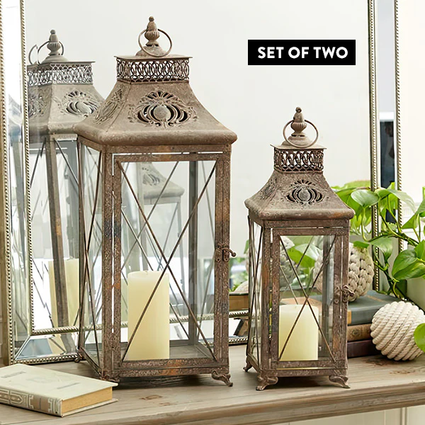 Rustic Distressed Metal and Glass Lanterns, Set of Two