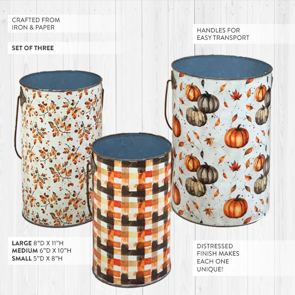 Tall Fall Floral Patterned Metal Buckets, Set of 3