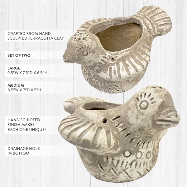 Handmade Sculpted Bird Clay Planters, Set of 2