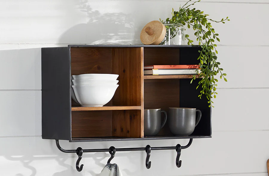 Wooden Cubby Shelf with Hook System