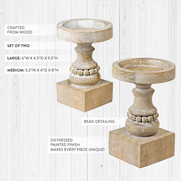 Whitewashed Beaded Candle Holders, Set of 2