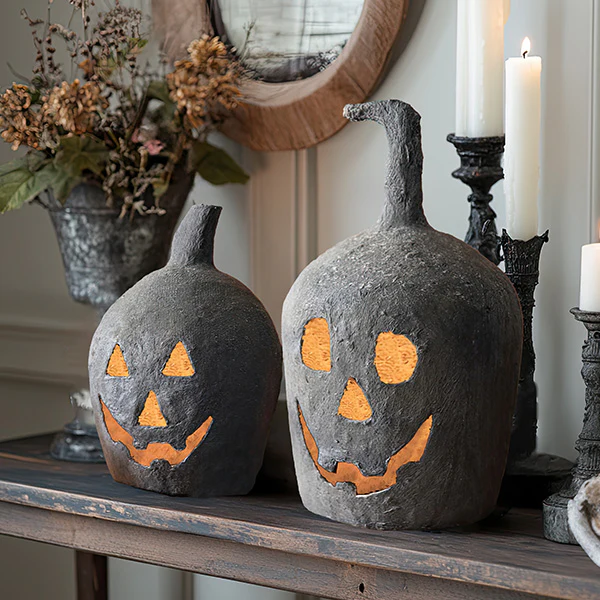 Paper Mache Jack-o-lanterns, Set of Two