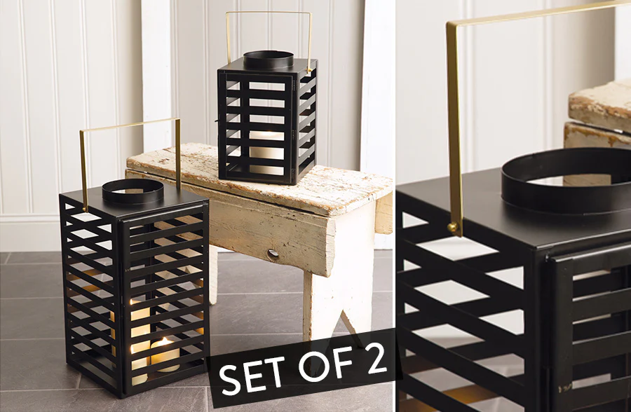 Black Caged Lanterns with Gold Handles, Set of 2