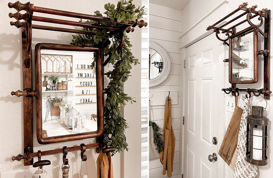 Copper Bathroom Wall Rack with Hook and Mirror