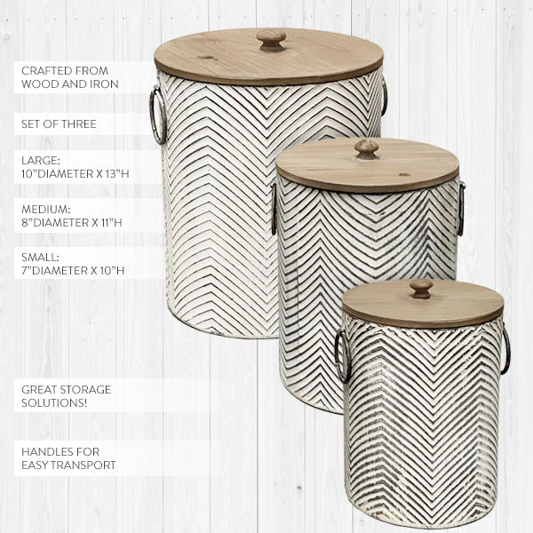 HUGE Textured Iron Canisters with Wooden Lids, Set of 3