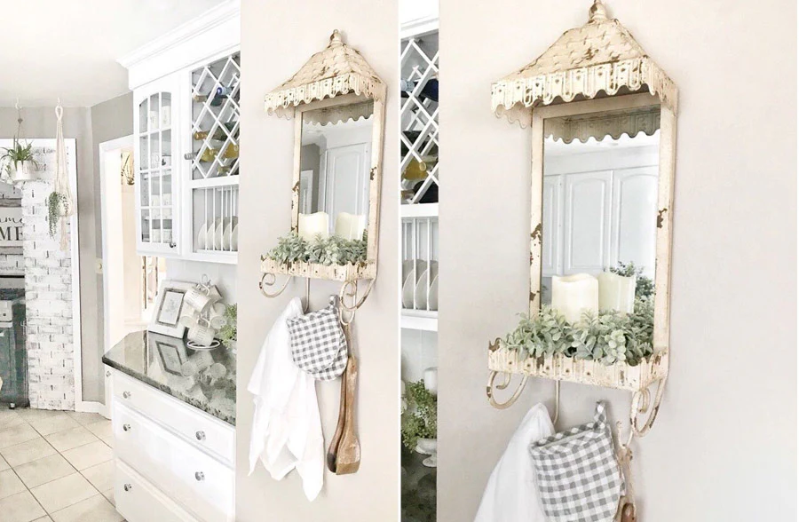 Distressed Awning Mirror With Coat Hooks
