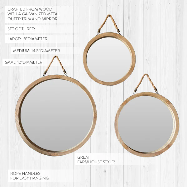 Round Wooden Framed Mirrors, Set of 3