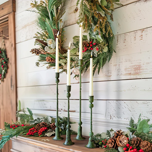 Forged Iron Taper Candle Holders with Green Patina, Set of Four