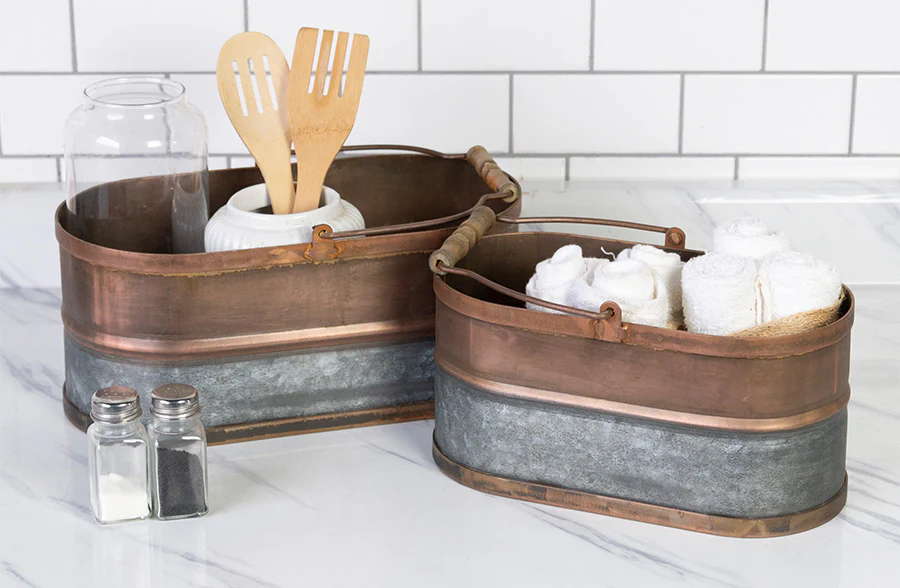 Galvanized Oval Buckets with Handles, Set of 2