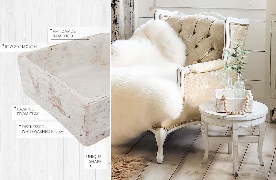 Handmade Whitewashed Square Clay Bowl