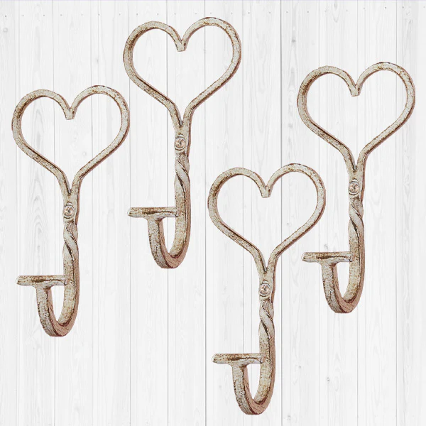 Aged Cast Iron Heart Hooks, Set of 4