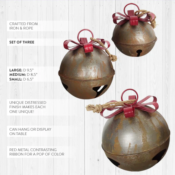 Oversized Rusted Finish Christmas Bells, Set of 3