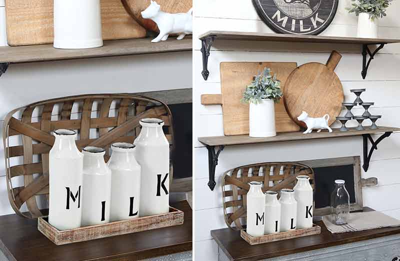 Distressed Enamel Milk Bottles With Wood Tray