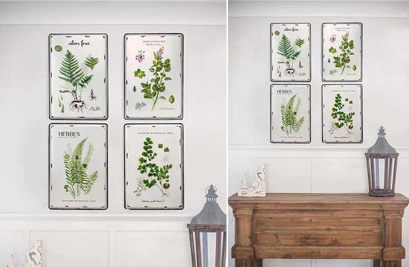 White Enamel Botanical Prints  Set of 4