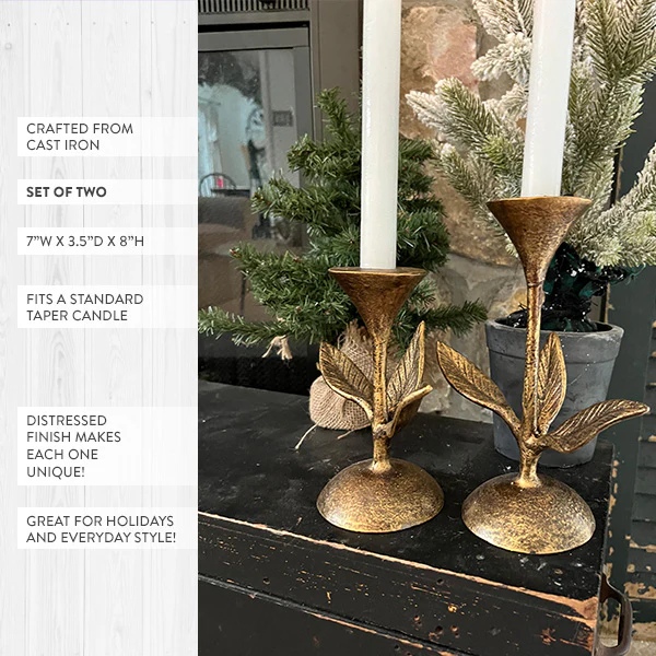 Blooming Florals Antique Gold Candle Holders, Set of 2