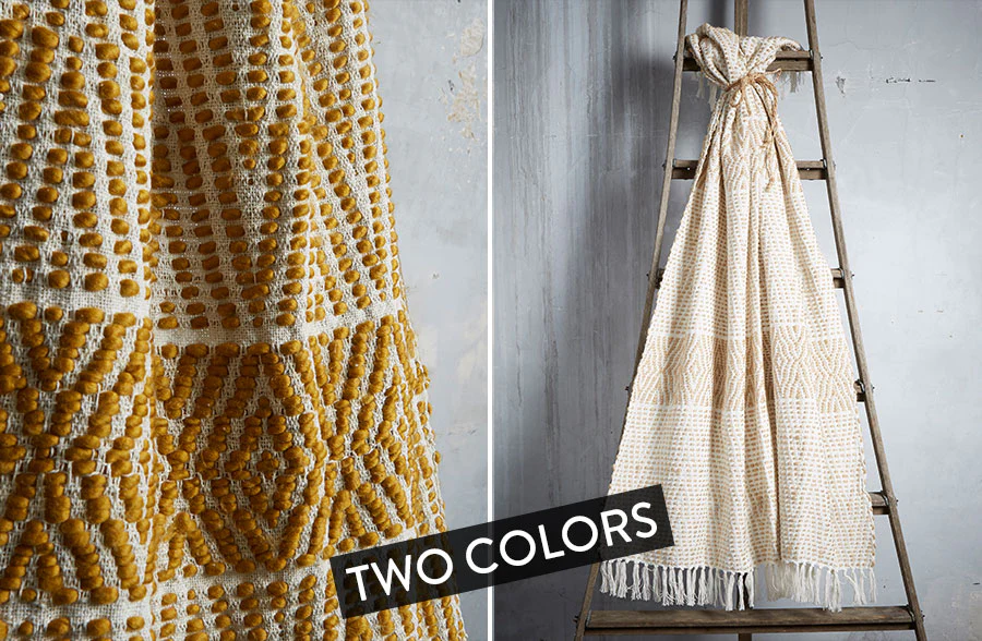 Tufted Cotton Throw Blanket, Ochre or Ivory