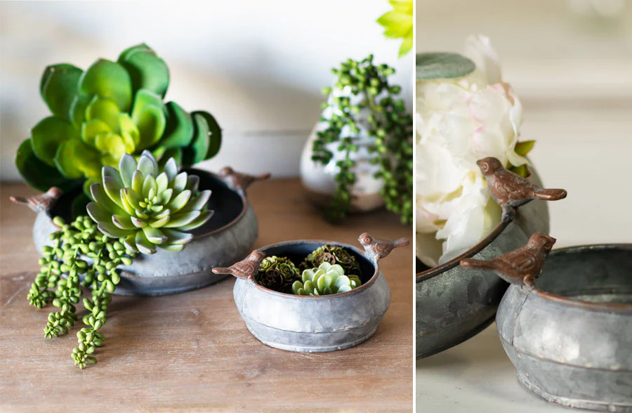 Galvanized Metal Bird Bowls, Set of 2