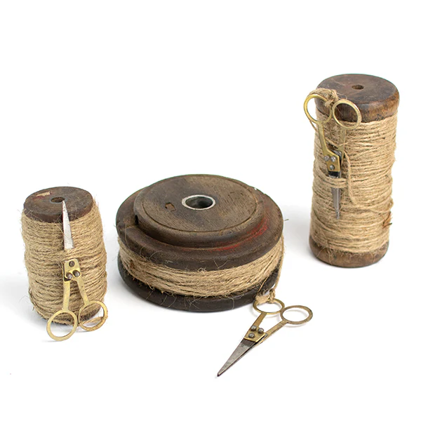 Vintage Inspired Wooden Spools with Twine and Scissors, Set of 3