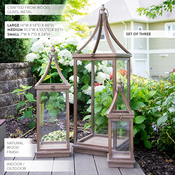 Large Wooden Nesting Glass Outdoor Lanterns, Set of 3