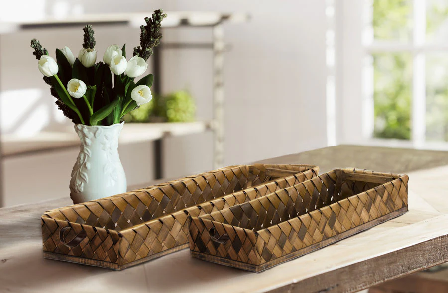Woven Rectangular Tray Baskets with Leather Handles, Set of 2