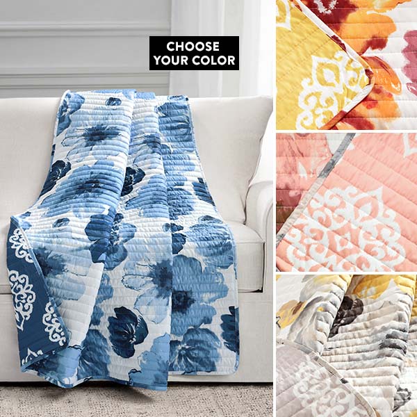 Reversible Floral and Damask Throw Blanket, Pick Your Color