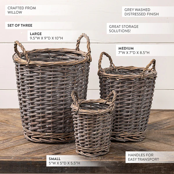 Grey Washed Willow Baskets, Set of Three