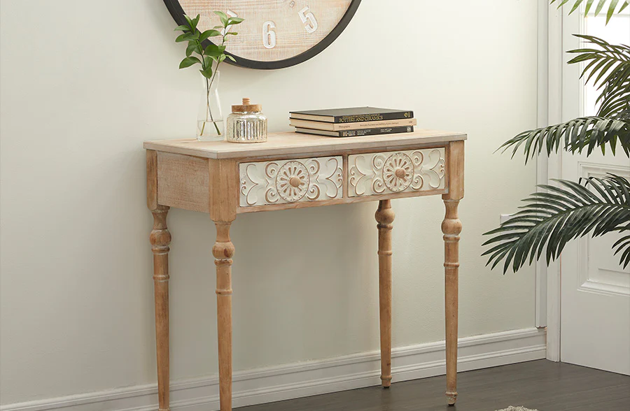 Ornate Carved Wooden Table with Drawers